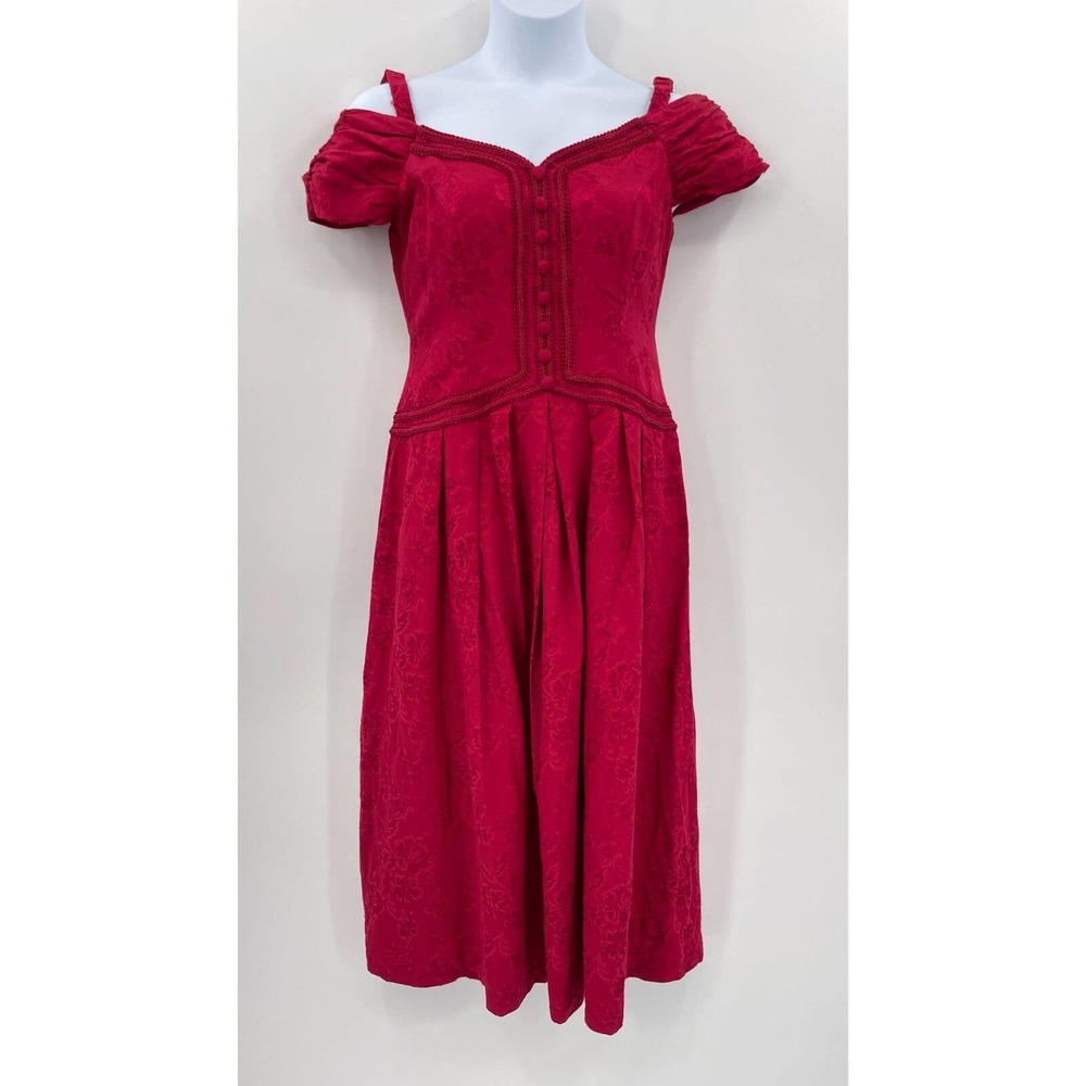 Vintage Lanz Dress Size 12, fits like a size 8. 50s Red Midi Brocade Button